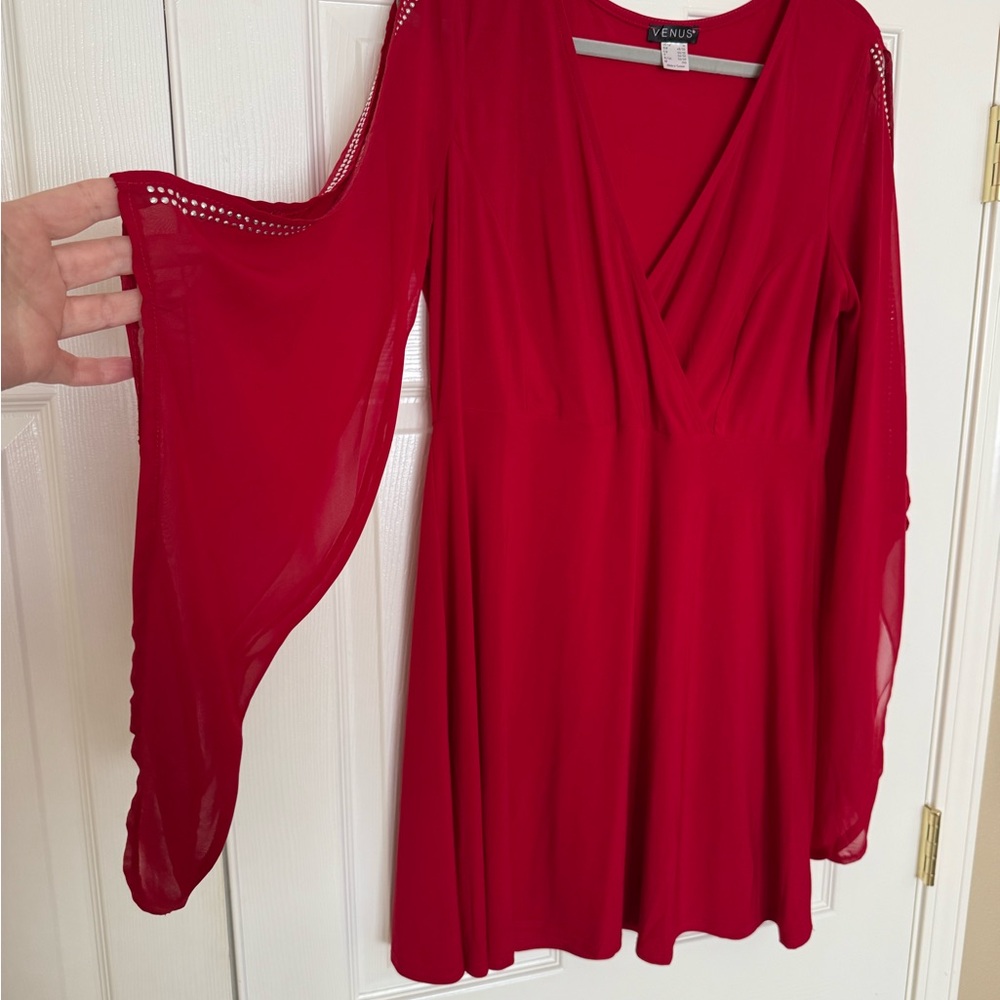 Short Red V-Neck Dress with Flowy Sleeves
